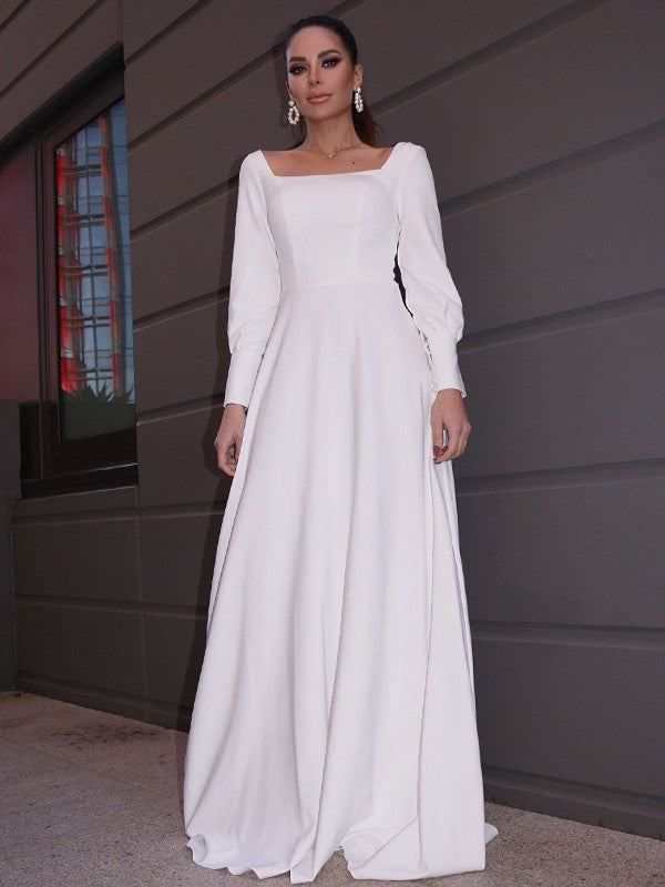 A-Line/Princess Crepe Sleeves Long Ruffles Square Stretch Sweep/Brush Train Wedding Dresses