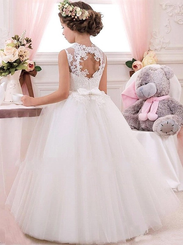 Floor-Length Jewel Sleeveless Applique Ball Tulle Gown Flower Girl Dresses