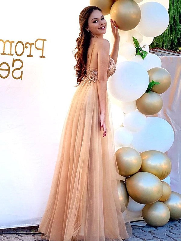 A-Line/Princess Tulle Spaghetti Sleeveless Straps Beading Floor-Length Dresses