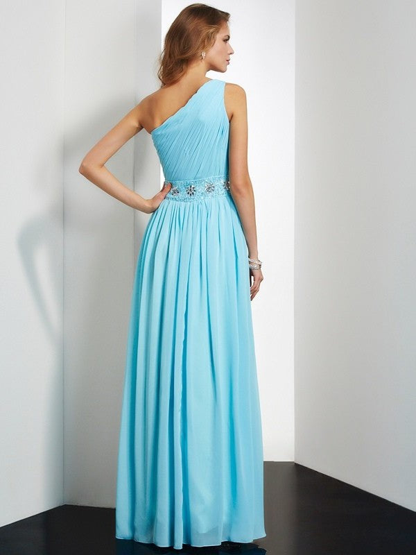 Beading One-Shoulder A-Line/Princess Sleeveless Long Chiffon Dresses