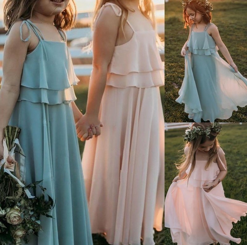 Straps Spaghetti Ruffles Empire Floor-Length Chiffon Sleeveless Flower Girl Dresses