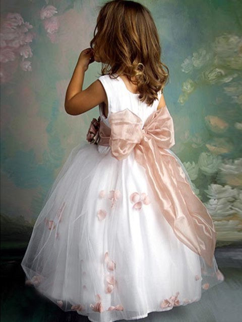 Scoop Sleeveless Tulle A-line/Princess Long Hand-made Flower Flower Girl Dresses