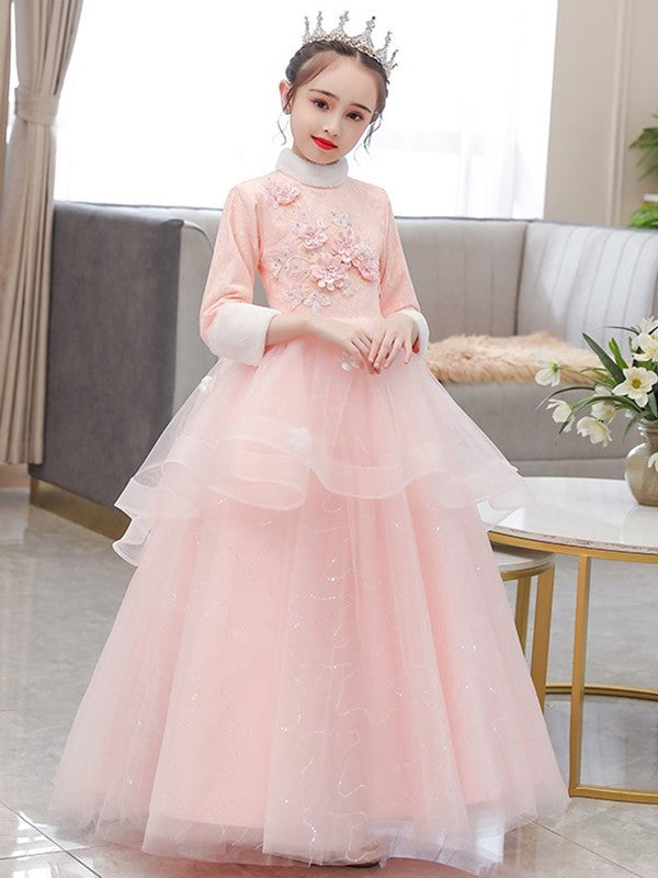 3/4 Sleeves Neck High Flower Hand-Made A-Line/Princess Tulle Floor-Length Flower Girl Dresses