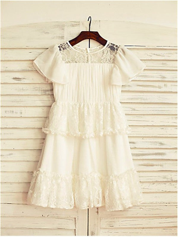 Scoop Chiffon Tea-Length Sleeves Short Lace A-line/Princess Flower Girl Dresses