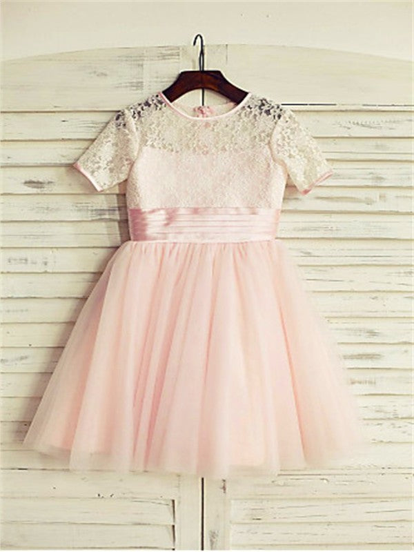 Lace Short A-line/Princess Tulle Sleeves Tea-Length Jewel Flower Girl Dresses