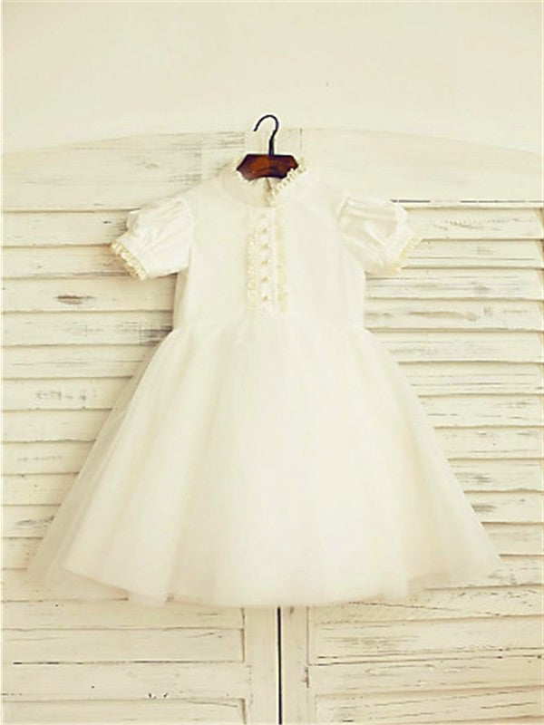 Tulle Tea-Length Sleeves Short Lace A-line/Princess High Neck Flower Girl Dresses