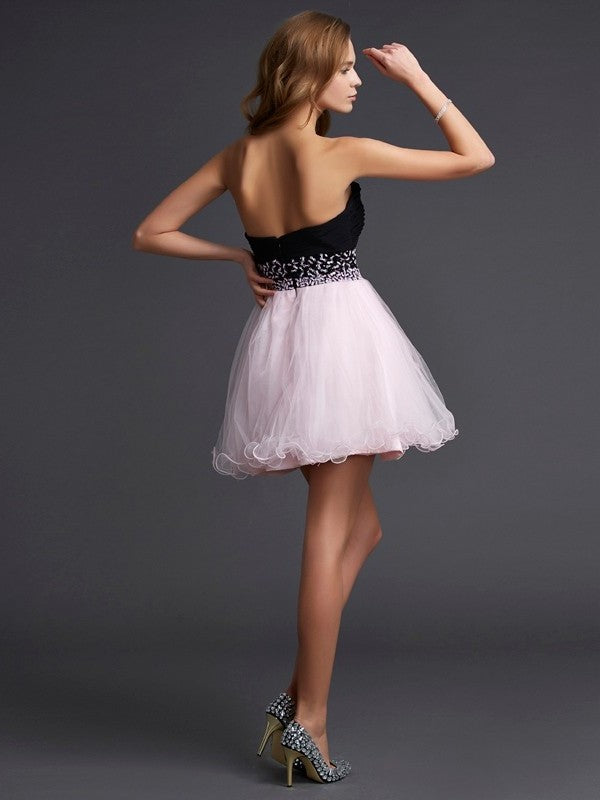 Beading Short Sweetheart Elastic Woven A-Line/Princess Sleeveless Satin Homecoming Dresses