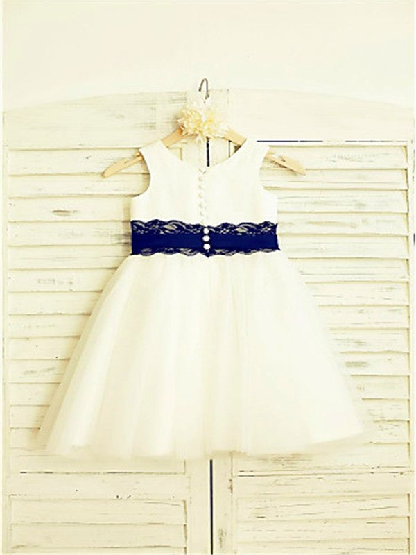 Lace Tulle Sleeveless A-line/Princess Scoop Tea-Length Flower Girl Dresses