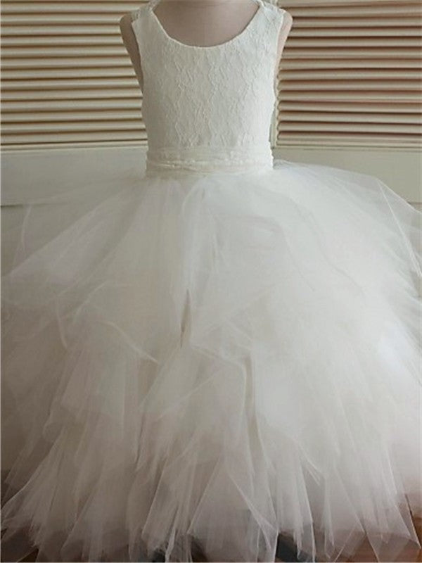 Gown Ball Ankle-Length Tulle Lace Sleeveless Scoop Flower Girl Dresses