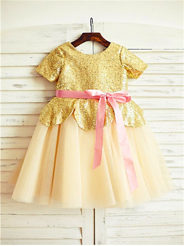 Scoop A-line/Princess Short Tulle Sequin Tea-Length Sleeves Flower Girl Dresses