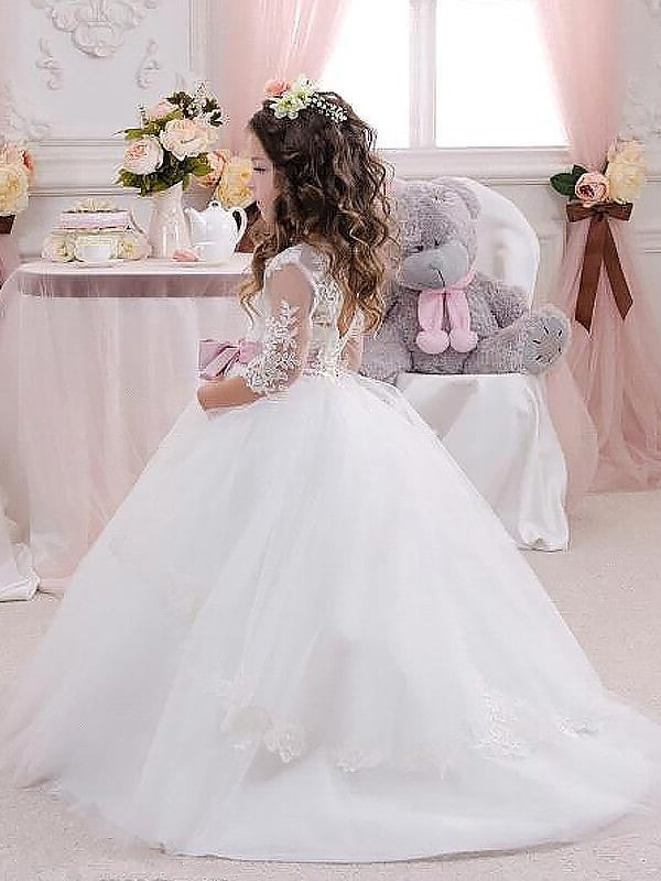 Gown Floor-Length Ball Jewel Sleeves 1/2 Lace Tulle Flower Girl Dresses