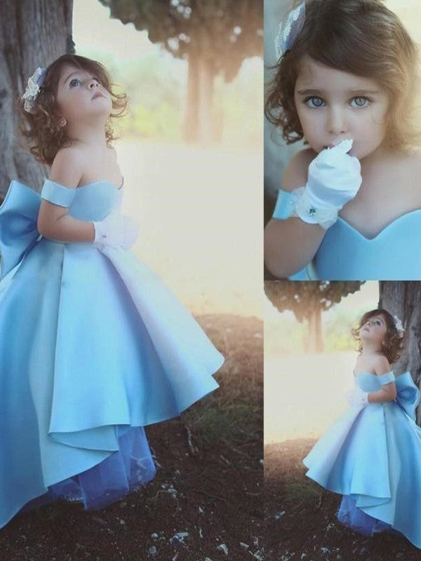 Satin Gown Ruffles Sleeveless Off-the-Shoulder Ball Asymmetrical Flower Girl Dresses