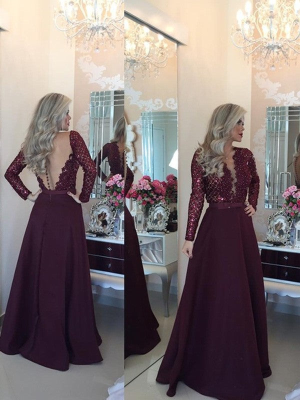 Sequin Long Scoop Sleeves A-Line/Princess Floor-Length Satin Dresses