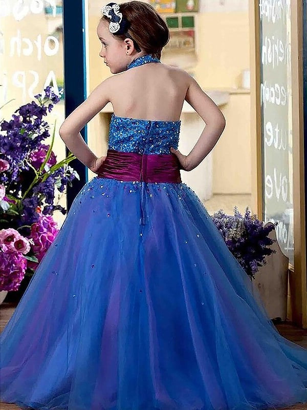 Ball Gown Halter Sequins Floor-Length Tulle Sleeveless Flower Girl Dresses