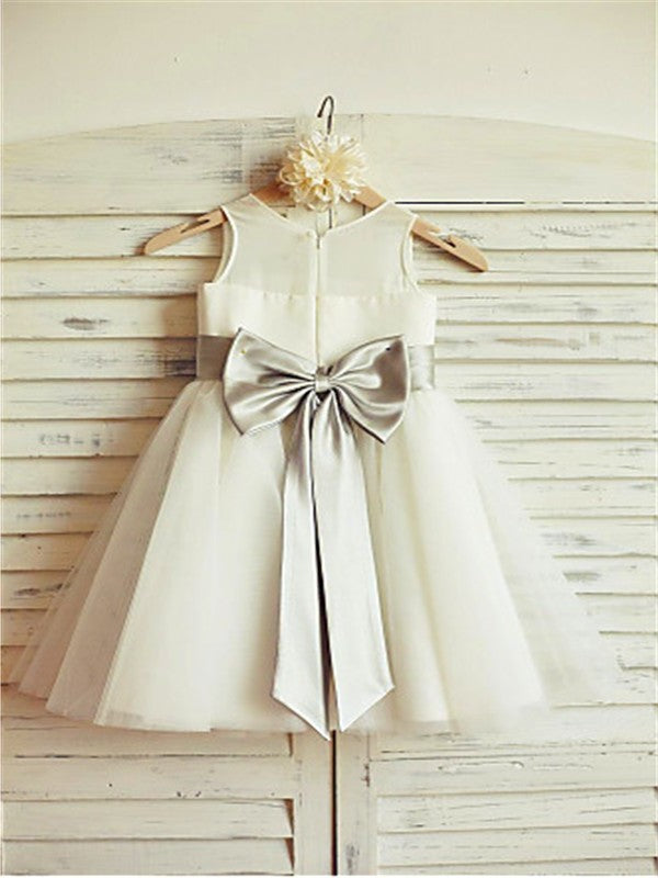 A-line/Princess Tulle Tea-Length Scoop Bowknot Sleeveless Flower Girl Dresses