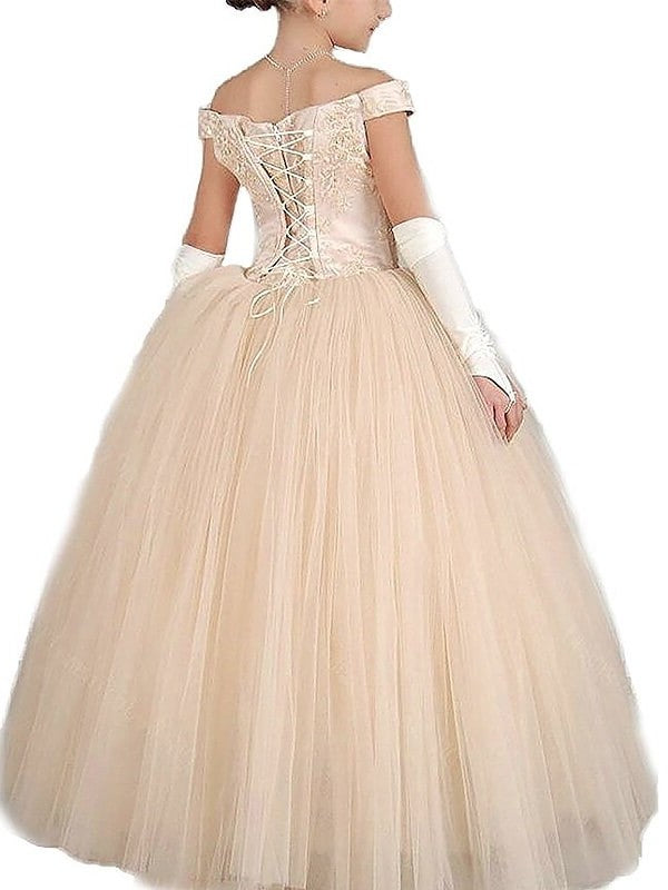 Ball Gown Tulle Sleeveless Floor-Length Applique Off-the-Shoulder Flower Girl Dresses