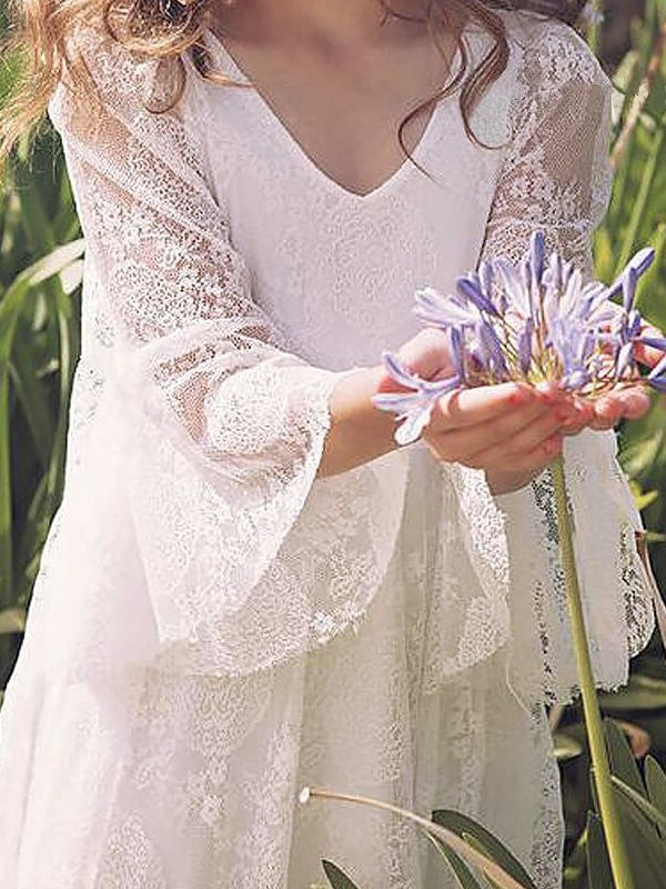 V-neck A-Line/Princess Floor-Length Long Sleeves Lace Flower Girl Dresses