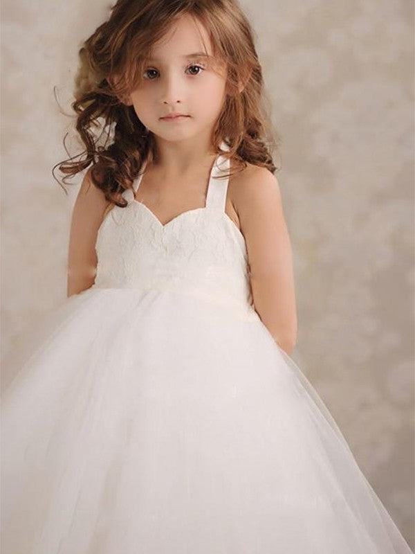 Knee-Length Applique Tulle Ball Sleeveless Halter Gown Flower Girl Dresses