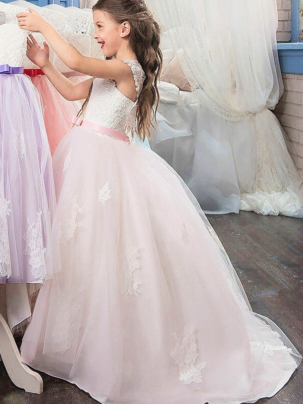 Sleeveless Floor-Length Tulle Gown Ball Bowknot Sweetheart Flower Girl Dresses