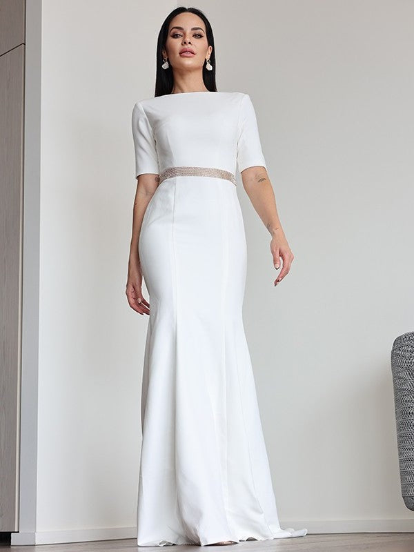 1/2 Stretch Sheath/Column Sweep/Brush Ruched Scoop Sleeves Crepe Train Wedding Dresses