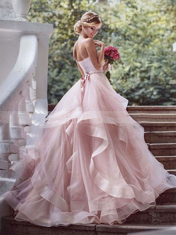 Court Layers Train Sweetheart Gown Ball Sleeveless Organza Wedding Dresses