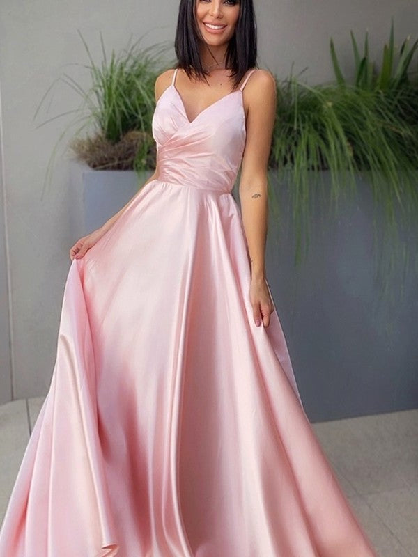 Satin V-neck A-Line/Princess Ruched Sleeveless Floor-Length Dresses