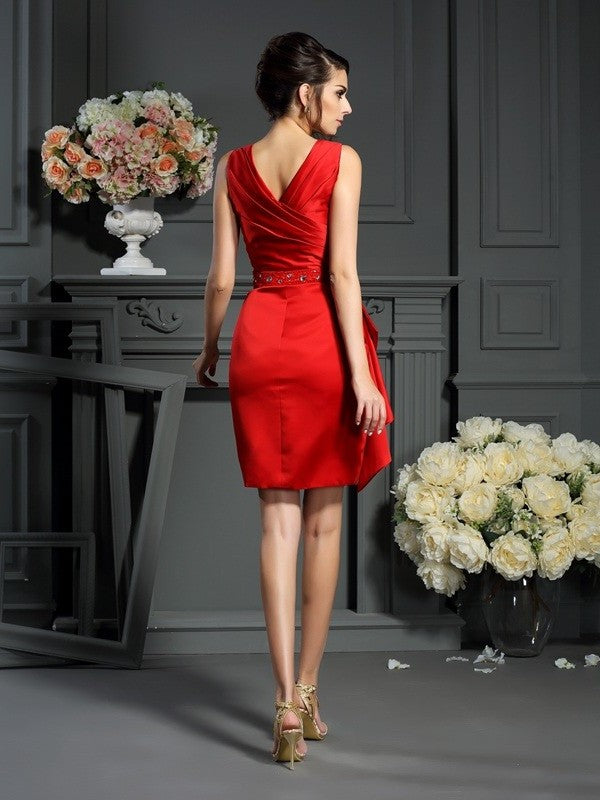 V-neck Mother Sheath/Column of Sleeveless Ruched Satin Short the Bride Dresses