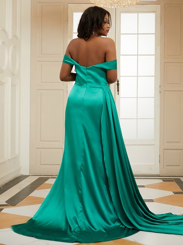 like Silk Sleeveless Satin Off-the-Shoulder Ruffles Sheath/Column Sweep/Brush Train Dresses