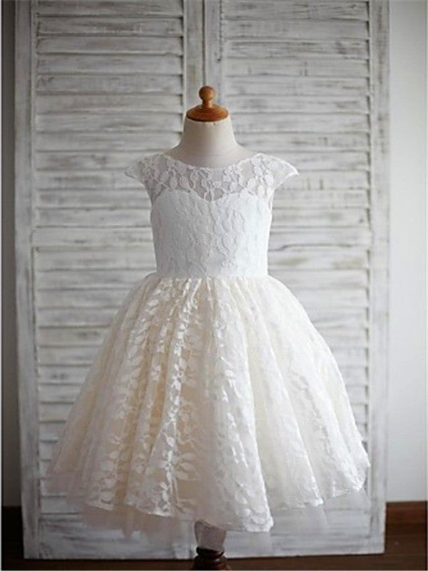 Scoop Sleeves Tea-Length Lace Short A-line/Princess Flower Girl Dresses