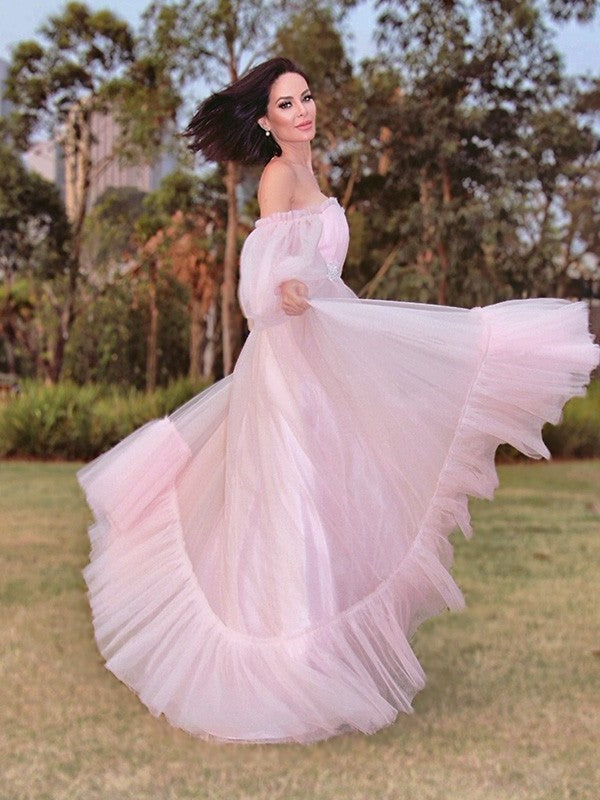 Long Sleeves Tulle A-Line/Princess Floor-Length Applique Off-the-Shoulder Dresses