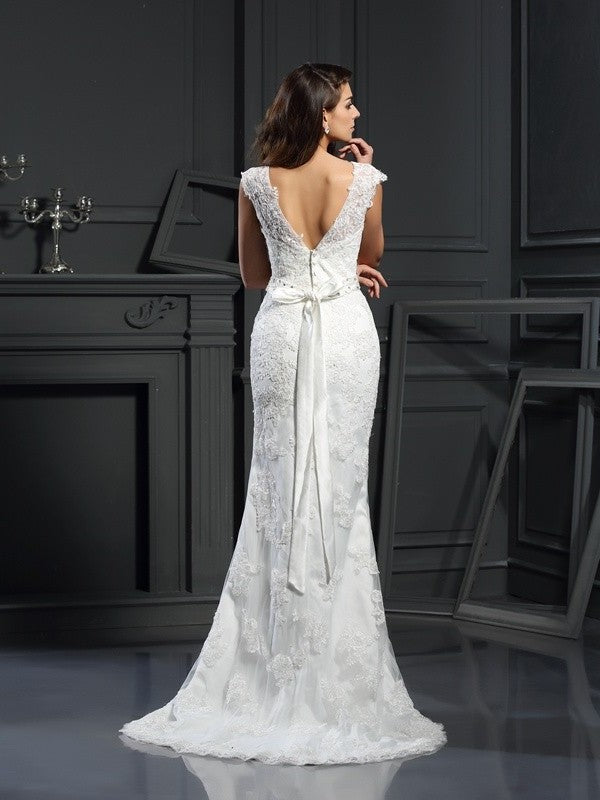 Bateau Lace Long A-Line/Princess Sleeveless Satin Wedding Dresses