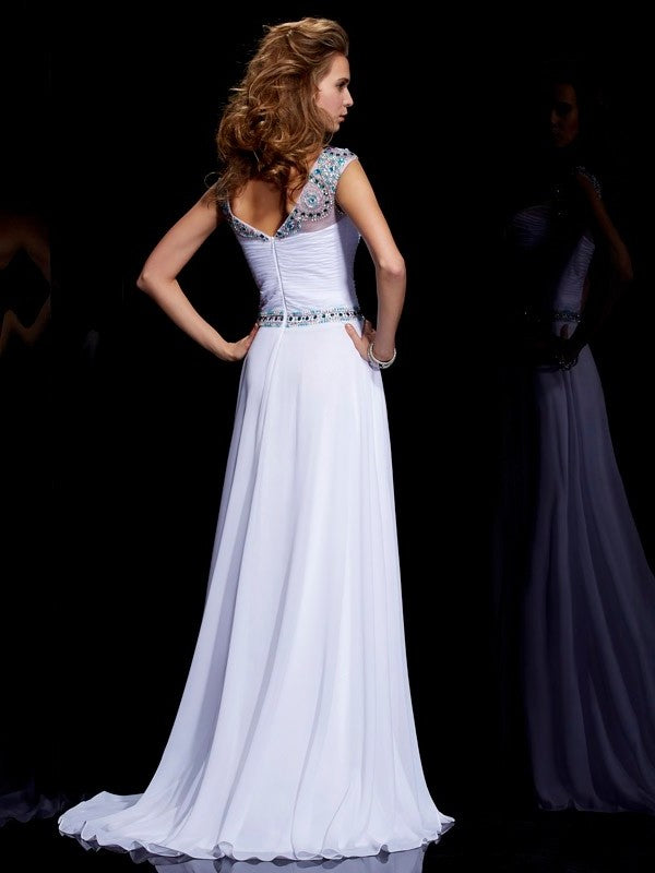 Sleeves Short Scoop A-Line/Princess Beading Long Chiffon Dresses