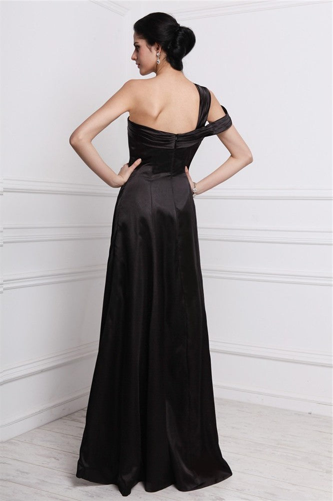 One-Shoulder Elastic Beading Sheath/Column Long Sleeveless Woven Satin Dresses