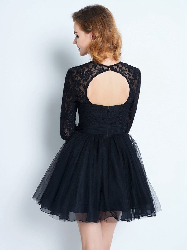 Homecoming Dresses A-Line/Princess High Neck Long Sleeves Lace Short/Mini Net Siena Dresses