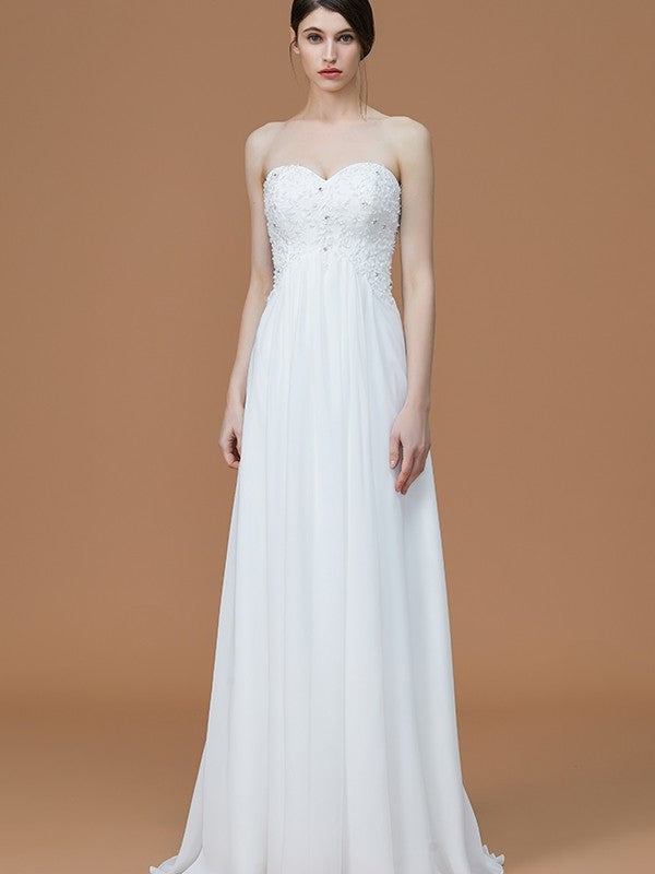 Sweep/Brush A-Line/Princess Train Beading Sleeveless Sweetheart Chiffon Bridesmaid Dresses