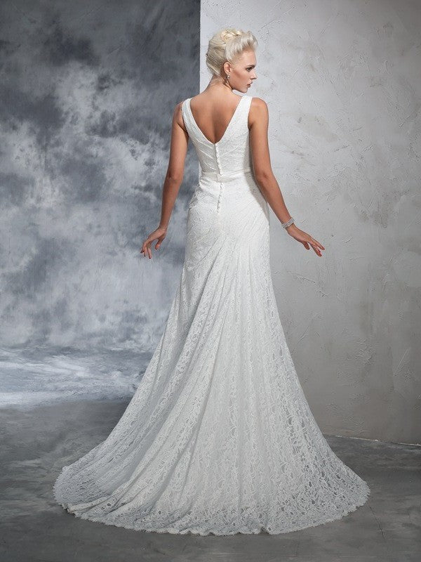 Trumpet/Mermaid Long Sleeveless Lace V-neck Lace Wedding Dresses