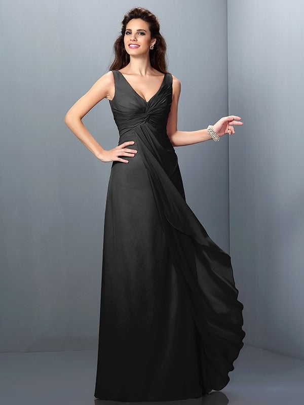 Straps Sleeveless A-Line/Princess Long Pleats Chiffon Bridesmaid Dresses