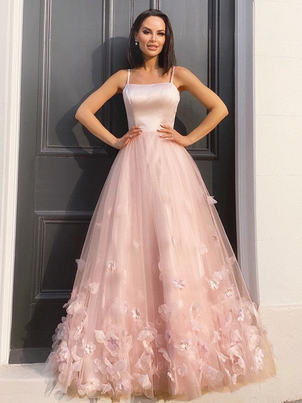 Flower A-Line/Princess Hand-Made Straps Tulle Floor-Length Sleeveless Dresses