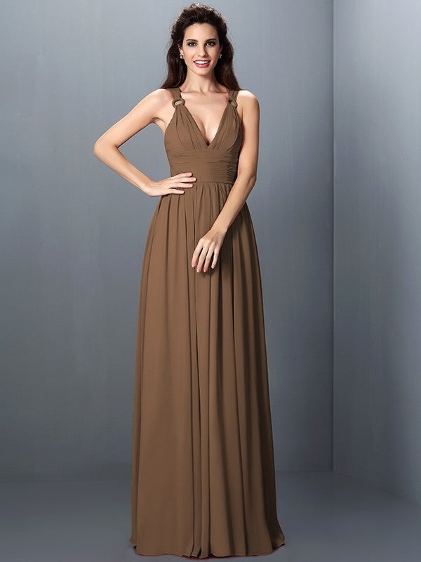 V-neck Pleats Long Sleeveless A-Line/Princess Chiffon Bridesmaid Dresses