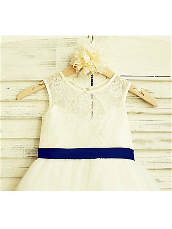 Tea-Length Scoop Bowknot A-line/Princess Sleeveless Tulle Flower Girl Dresses