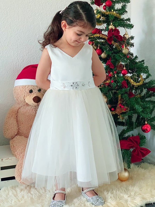 Tulle V-neck Sleeveless Knee-Length A-Line/Princess Bowknot Flower Girl Dresses