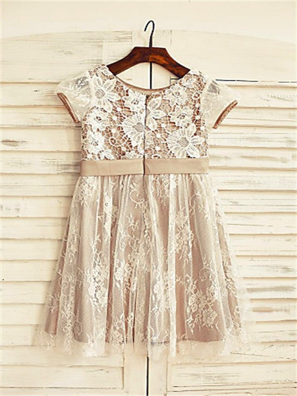 Lace Short Scoop Flower Hand-made A-line/Princess Sleeves Tea-Length Flower Girl Dresses