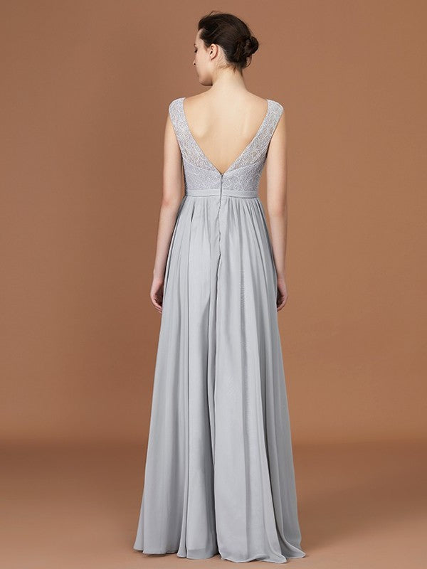 V-neck Floor-Length Chiffon Sleeveless A-Line/Princess Lace Bridesmaid Dress