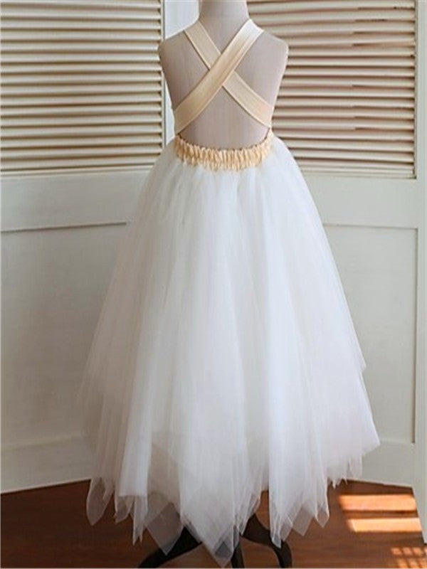 Ball Tea-Length Hand-made Straps Tulle Sleeveless Gown Flower Flower Girl Dresses