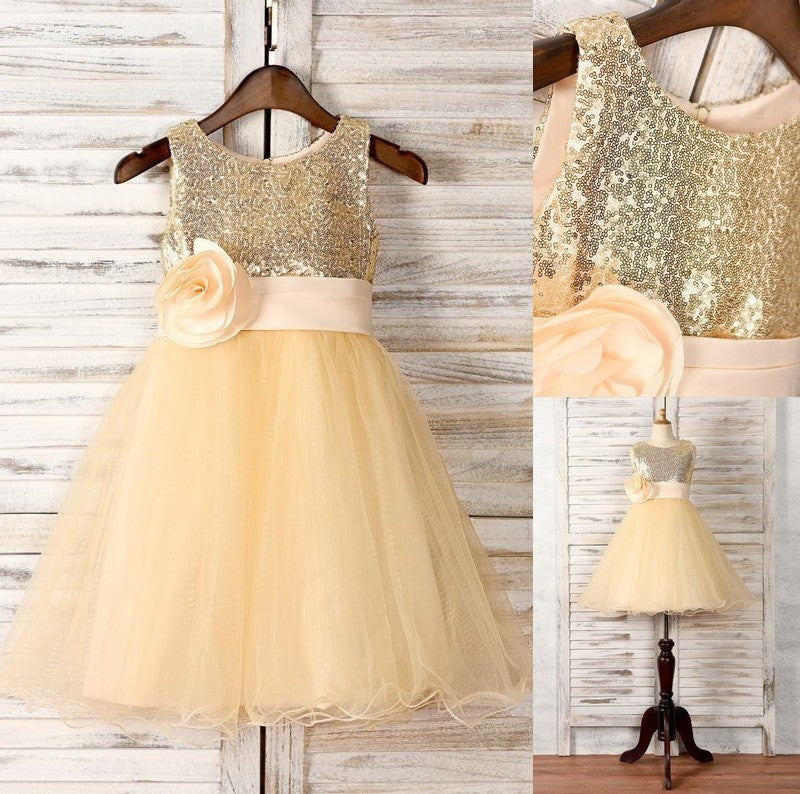 Tea-Length Sleeveless Hand-Made Scoop Tulle A-Line/Princess Flower Flower Girl Dresses