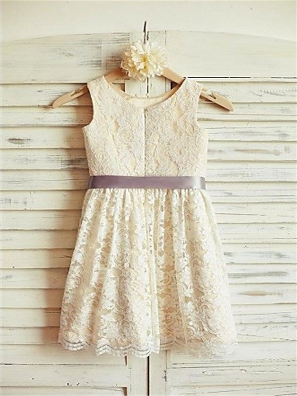 Tea-Length Bowknot A-line/Princess Lace Sleeveless Scoop Flower Girl Dresses