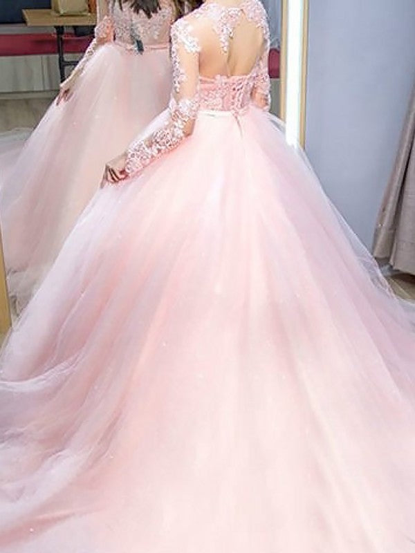 Long Sleeves Ball Jewel Train Sweep/Brush Gown Lace Tulle Dresses