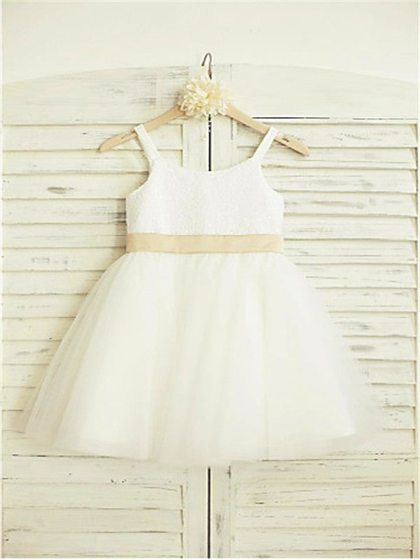 A-line/Princess Sleeveless Bowknot Tulle Knee-Length Spaghetti Straps Flower Girl Dresses