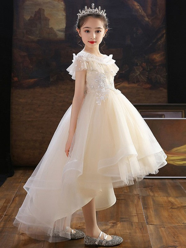 Tulle Sleeves A-Line/Princess Off-the-Shoulder Asymmetrical Applique Short Flower Girl Dresses