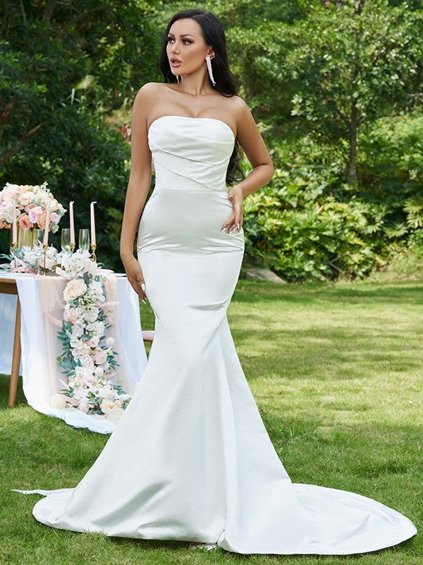 Sleeveless Sweep/Brush Strapless Satin Ruched Trumpet/Mermaid Train Wedding Dresses